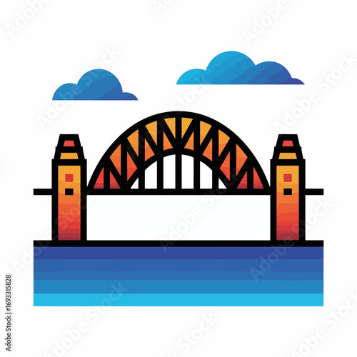 This colorful illustration of the Sydney Harbour Bridge presents a vibrant design combined with an azure sky, capturing the iconic landmark's beauty and artistic elegance.