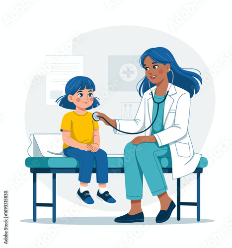 A young girl sits on an examination table while a friendly doctor listens to her heartbeat with a stethoscope, showing the compassionate environment of a medical check-up.