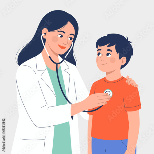 A cheerful doctor uses a stethoscope on a young boy to conduct a health check, symbolizing trust and care in a medical setting focused on pediatric health.