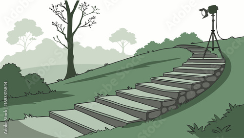 Stone Steps in a Green Landscape with Lighting Equipment.