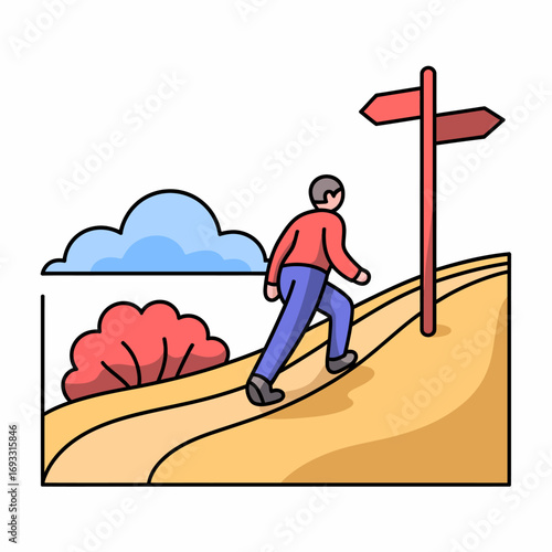 A solitary hiker approaches a signpost in a serene landscape, symbolizing choices and the journey of self-discovery amidst nature's beauty and tranquility.