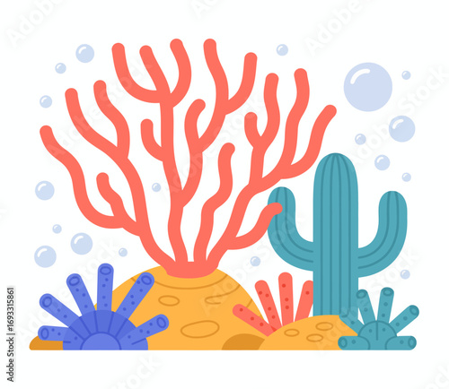 This vibrant illustration features a lively underwater scene with colorful coral, a cactus, and playful bubbles, embodying a whimsical oceanic environment full of life.