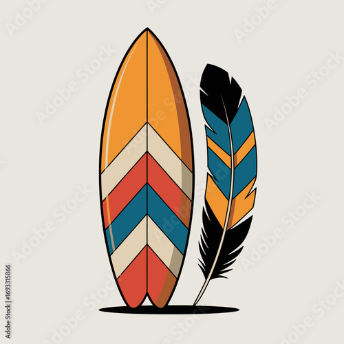 This image showcases a colorful surfboard accompanied by a beautifully designed feather, representing the essence of surfing culture and a relaxed, artistic lifestyle.