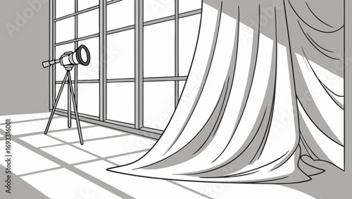 Studio Lighting Setup with Draped Fabric and Large Window Photography or Filmmaking Background Illustration.