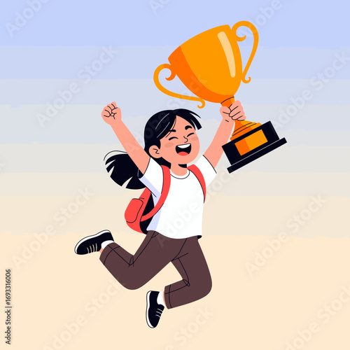 A spirited girl jumps in excitement, holding a shiny trophy aloft, capturing a moment of pure joy that reflects her hard work and dedication to success.