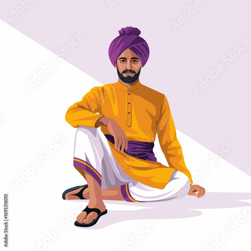 A man wearing traditional attire, complete with a turban, is seated in a calm and relaxed manner, embodying serenity and cultural heritage.