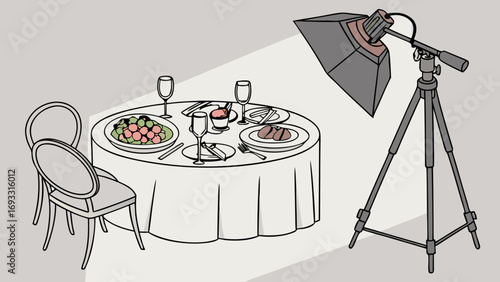 Studio lighting setup for food photography tabletop scene with dishes and chairs.