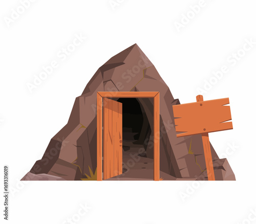 This image showcases the entrance of a cave with a wooden door and a signpost, suggesting an inviting yet mysterious location for exploration.