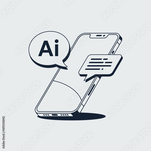 An illustration of a smartphone with AI chat functionality, showcasing modern technology and communication, perfect for tech promotions and digital interaction concepts.