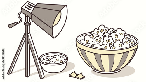 Studio Lighting Setup with Popcorn Bowls and Snack Illustration.