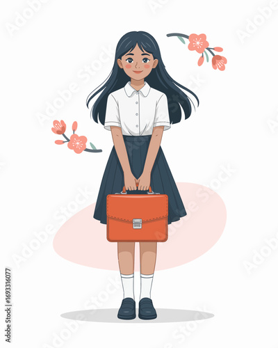 A charming illustration of a schoolgirl confidently holding a briefcase, embodying ambition, education, and the journey of learning in a modern academic setting.