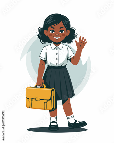 A cheerful schoolgirl in a uniform waves hello while holding a yellow briefcase, capturing the essence of childhood curiosity and enthusiasm for learning in a vibrant illustration.