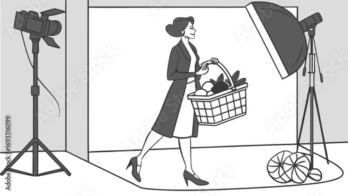 Studio Photography of Woman with Grocery Basket Food and Drink Advertising Healthy Lifestyle Shopping Illustration.