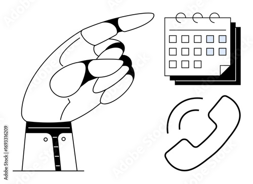 Hand in gesture, calendar with marked dates, ringing phone signifying schedule, organization, and communication. Ideal for planning, teamwork, business strategy, meetings reminders productivity