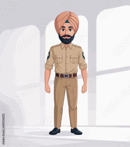 A poised police officer character with a turban presents a friendly demeanor, dressed in a uniform, symbolizing authority and protection in a modern, stylized cartoon depiction.
