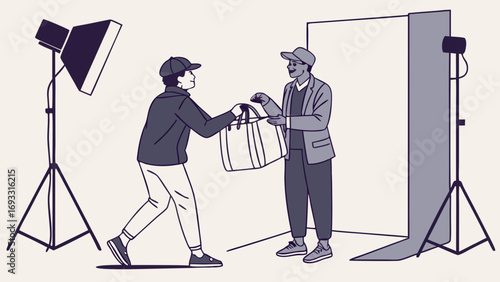 Studio Photography Session Two People Exchanging a Bag Behind the Scenes Lighting Equipment Graphic Illustration.