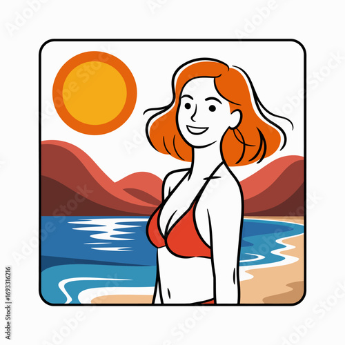 A smiling woman stands by the beach in a swimsuit embracing the sun and waves, capturing the essence of joy, freedom, and the beauty of life by the sea.