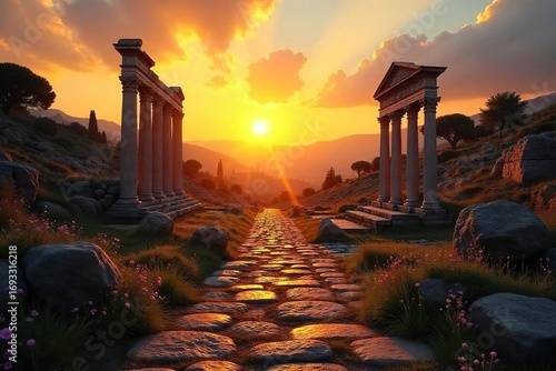 Serene view of ancient Roman ruins at sunset, bathed in golden light Perfect for meditation, tranquility, history, and travel themes , archaeology, mindfulness, Italy
