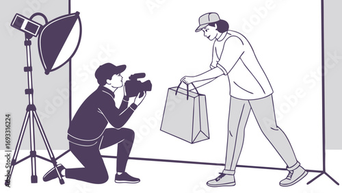 Studio Photography Session Videographer Filming Person Holding Shopping Bag Product Shoot Behind the Scenes Content Creation.