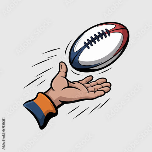 An artistic depiction of a hand releasing a rugby ball into the air, capturing the essence of sportsmanship and the thrill of gameplay in a vibrant manner.