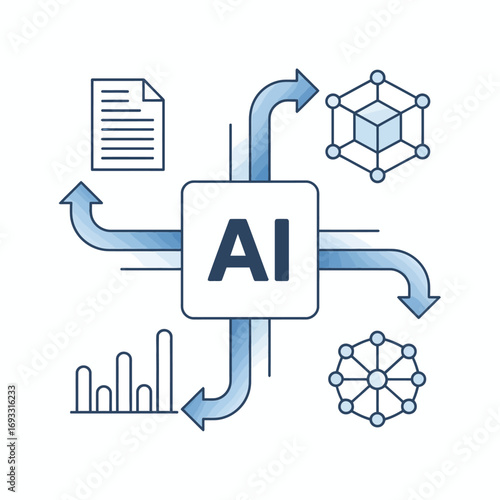 A modern illustration depicting AI concepts with data flow arrows, graphs, and networks, highlighting the innovative nature of artificial intelligence and its applications.