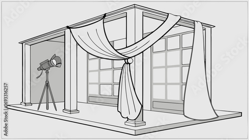 Studio Photography Setup Draped Fabric Backdrop and Lighting Equipment Illustration.