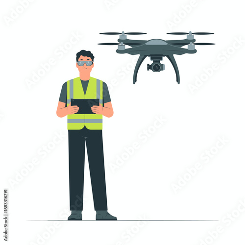 A focused drone pilot stands confidently, ready to operate a drone with a remote controller. The individual wears a visibility vest, representing safety and professionalism in aerial tasks.