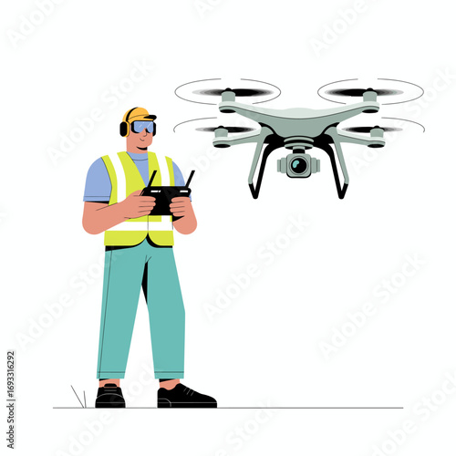 A determined drone controller wearing headphones and a safety vest operates a drone, representing the modern approach to aerial surveys and professional safety practices.