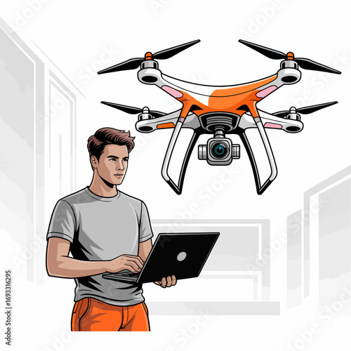 A young man operating a drone with a laptop, highlighting the technological evolution and the emerging field of drone piloting among modern professionals.