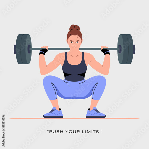 A strong woman performs a squat with a barbell, showcasing strength and determination in her workout attire. The image emphasizes empowerment and physical fitness as she challenges herself.