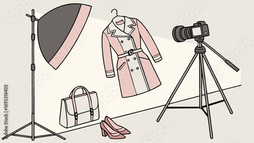 Studio Setup for Fashion Photography with Clothing Accessories and Camera on Tripod.