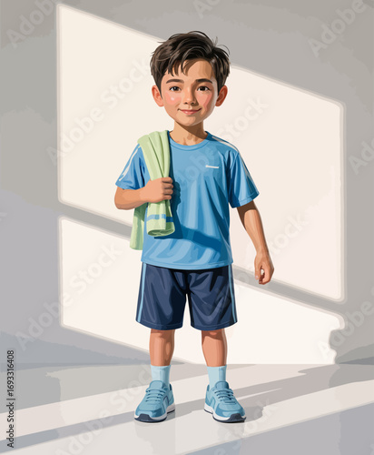 A joyful young boy in a blue sports outfit stands confidently with a towel over his shoulder, embodying the spirit of fitness and playful energy in a bright, minimalist environment.