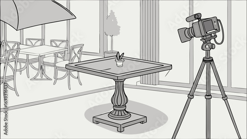 Studio Setup with Camera on Tripod and Small Table with Plant Perfect for Film Video or Restaurant Design Projects.