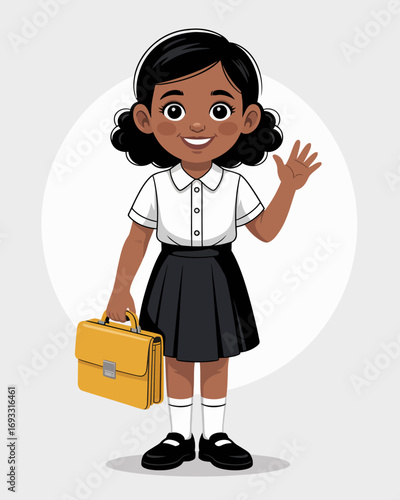 A smiling schoolgirl dressed in a classic uniform waves with her yellow briefcase, illustrating the excitement and joy of a new school day and the adventures ahead.