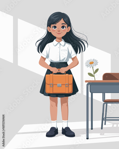 An engaging illustration of a schoolgirl in a classroom, holding a briefcase, symbolizing the blend of education and ambition within a nurturing academic environment.