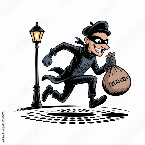 An animated robber is joyfully running away from a lamppost, holding a bag labeled 'TREASURES,' emphasizing humor and the thrill of the chase in a playful style.