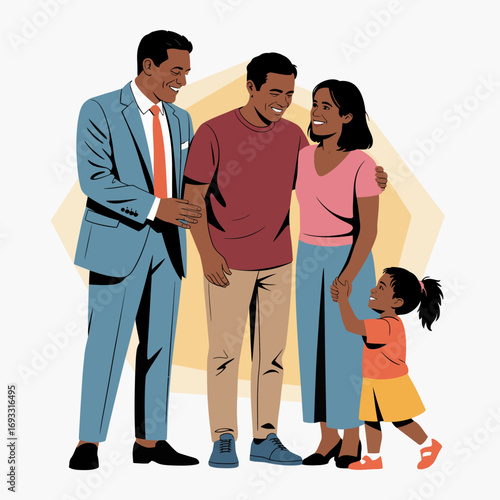 This image showcases a warm family reunion, highlighting smiling faces and the joy of togetherness among parents and a young girl in casual attire.