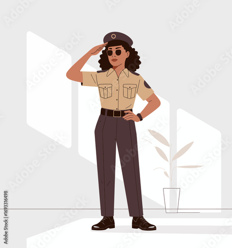 A skilled female officer in a police outfit respectfully salutes, representing strength and authority within a bright, contemporary space, illustrating her commitment to service.