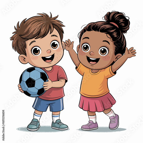 This image showcases two happy children celebrating while holding a soccer ball, radiating joy, teamwork, and enthusiasm for sports and friendship.