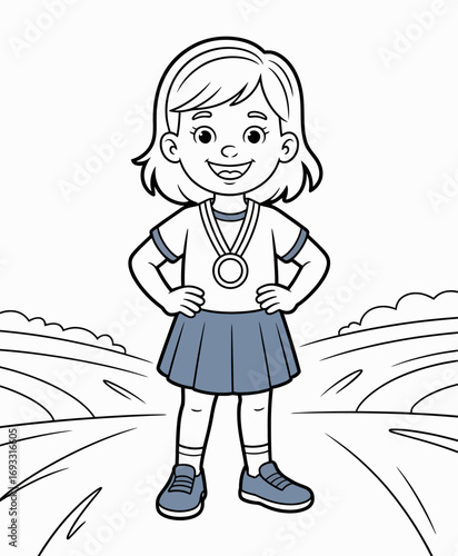A joyful girl stands with her medal, smiling brightly. This illustration captures the spirit of youth, accomplishment, and the vitality of childhood achievements.