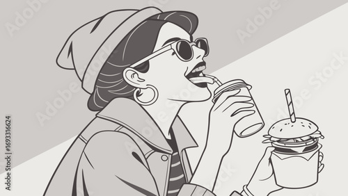 Stylish Woman Enjoying Fast Food Pop Art Illustration Black and White Drawing.