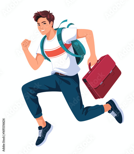 A cheerful young man dashes forward with a red briefcase and a backpack, representing motivation and the vibrant energy of youth in a bright, minimal style.
