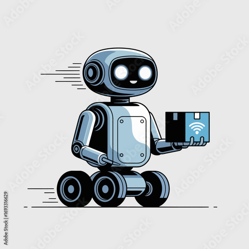 A speedy robot carrying a package illustrates the efficiency of modern delivery systems, set against a soft gray background that emphasizes its cheerful demeanor and sleek design.