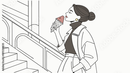 Stylish Woman Enjoying Ice Cream on Stairs Fashion Illustration Line Art Minimalist Design.