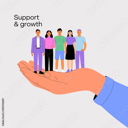 A hand cradling a small group of individuals, representing support, growth, community, and collaboration, emphasizing the importance of nurturing human connections in society.