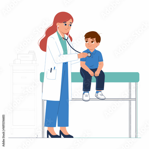 A doctor conducts a check-up on a young boy in a pediatric care setting, fostering comfort and trust through their interaction, highlighting the importance of children's health.