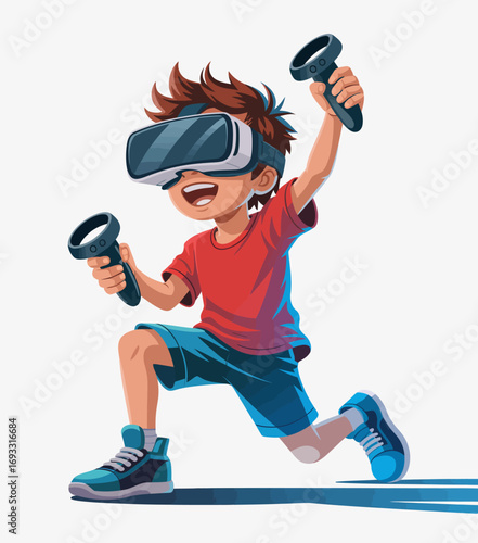 A young boy is fully immersed in a virtual reality experience with VR goggles and controllers, showcasing excitement and engagement in a digital adventure.