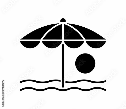 A sleek black and white illustration of a beach umbrella, sun, and waves, encapsulating the essence of summer relaxation and the joy of beach outings in a fashionable way.