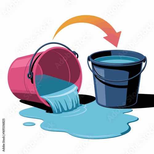 This image depicts two buckets, one pink and one blue, with water flowing from the pink bucket into the blue one, highlighting fluid dynamics in a vibrant manner.