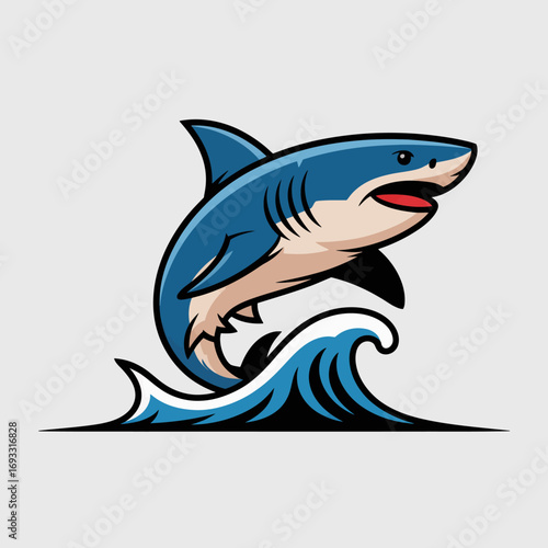 This image features a stylized shark leaping out of dynamic waves, showcasing a vibrant color palette and energetic design that captures the essence of ocean life.